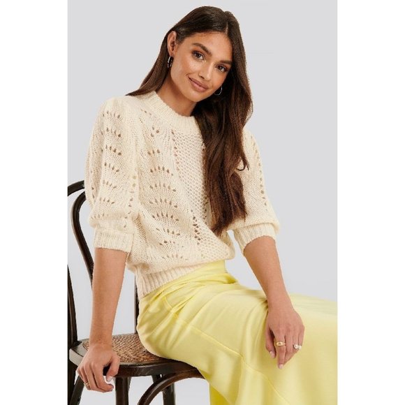 NA-KD Sweaters - NA-KD Off White Short Balloon Sleeve Pointelle Knit Sweater